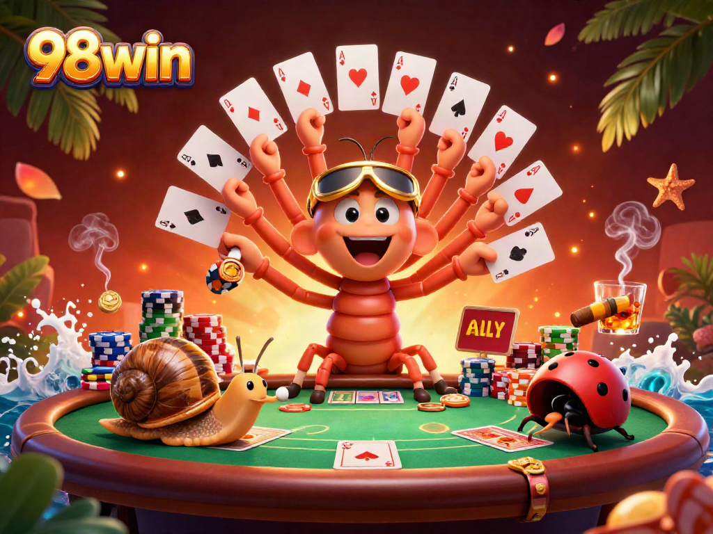 Experience thrilling 98win action with a vibrant casino scene featuring a millipede dealer and high-rollers.