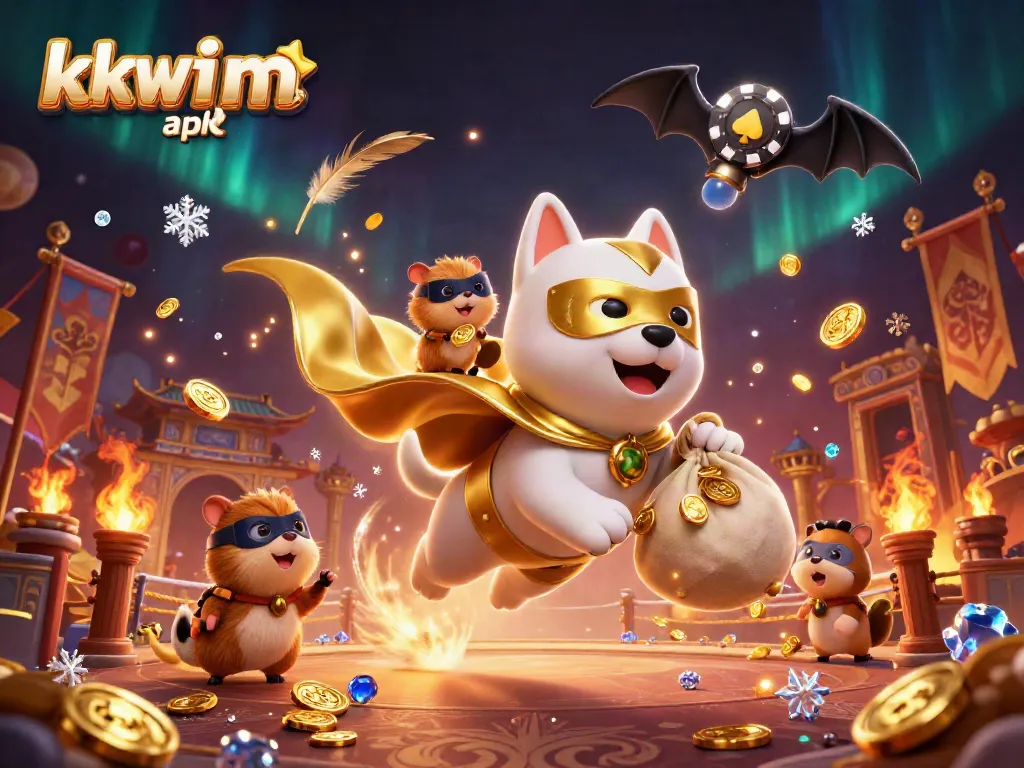Experience excitement with kkwin apk as the superhero dog flies through a vibrant casino scene.