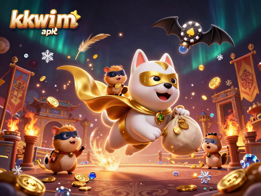 Experience excitement with kkwin apk as the superhero dog flies through a vibrant casino scene.