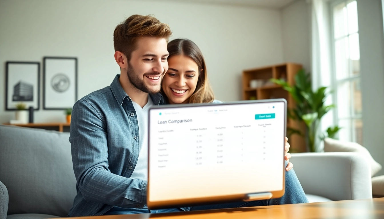 Ein Paar vergleicht Kredite online in einem modernen Büro mit Konzentration auf dem Kreditvergleich.