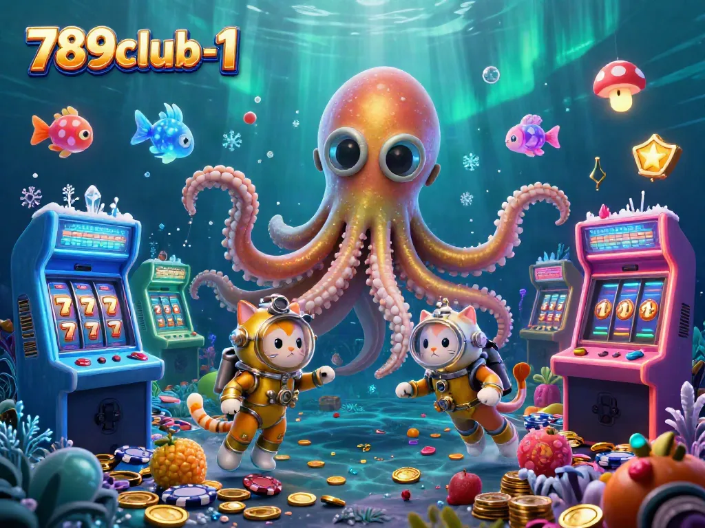 Experience vibrant gameplay at 789club-1 with a kraken and arcade elements in this casino-themed illustration.