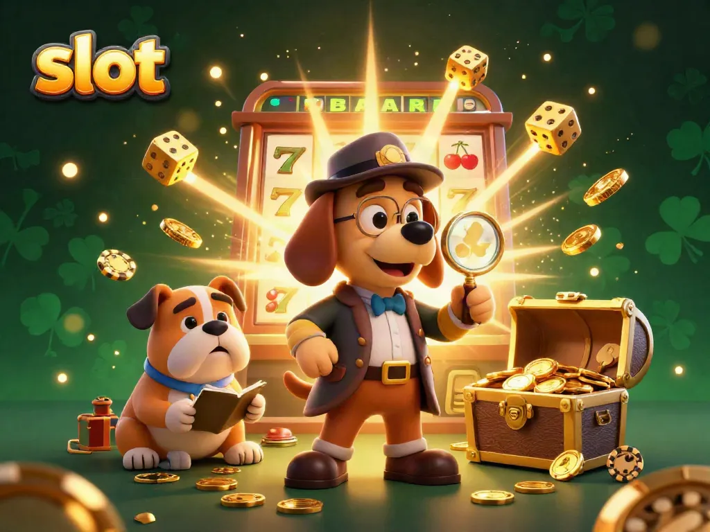 Exciting slot gaming scene showcasing a detective bloodhound and bulldog amidst jackpot symbols.