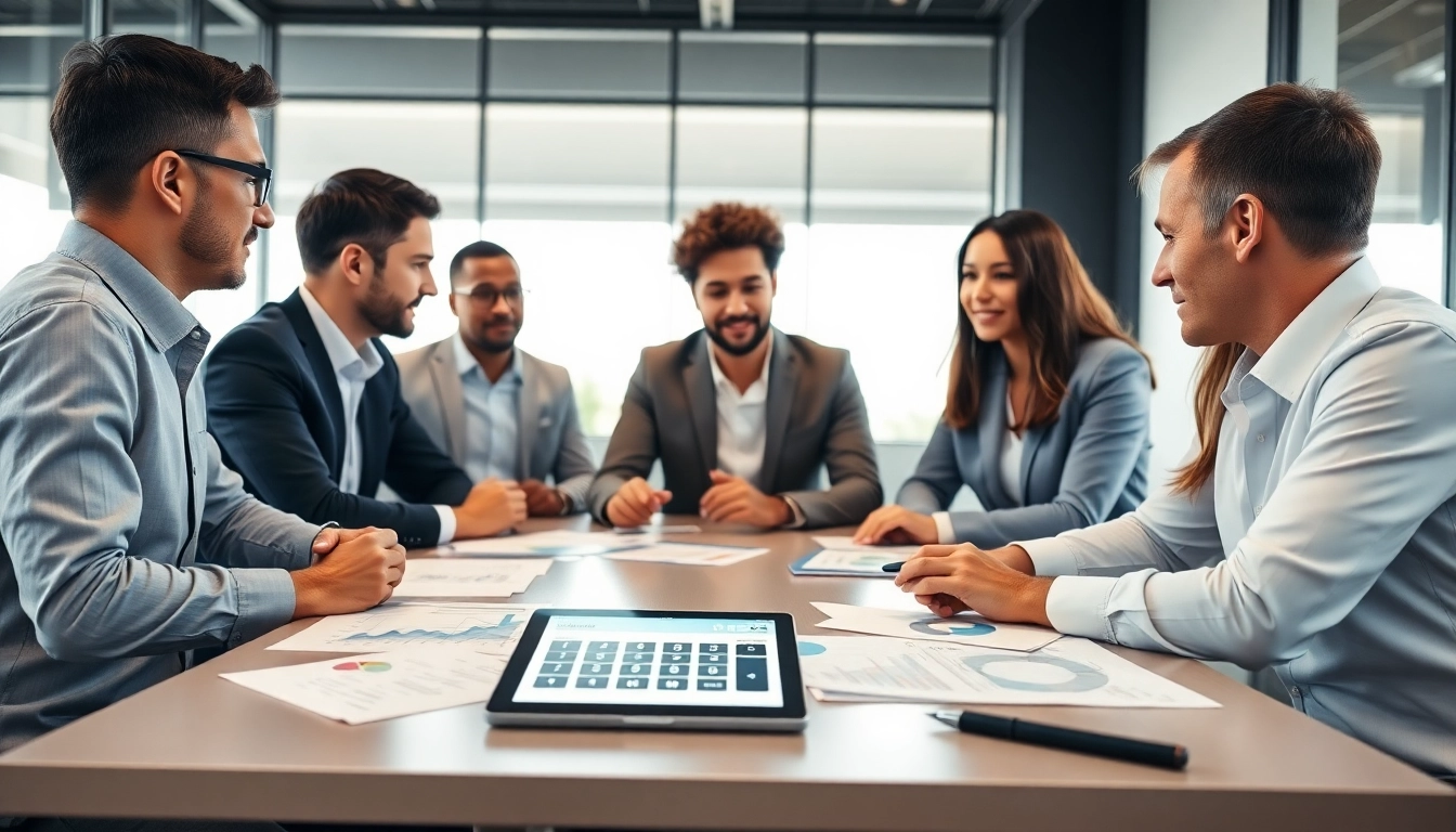 Kreditvergleich Analyse mit professionellen Beratern, die Optionen diskutieren.