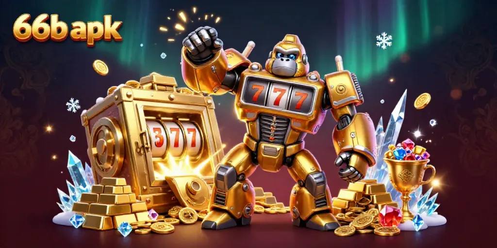 Experience thrilling gameplay with the 66b apk featuring a powerful golden gorilla mech and treasure bursts.
