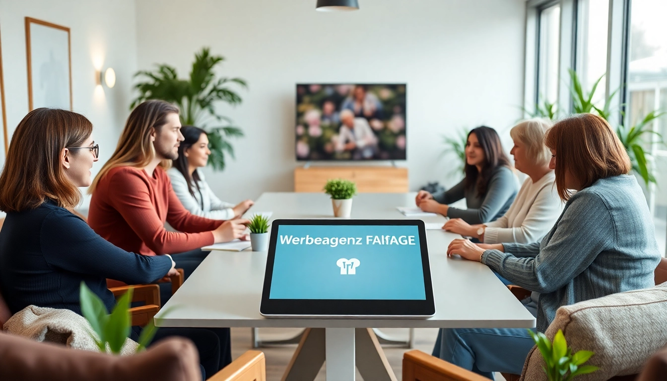 Creative team brainstorming at a werbeagentur pflege marketing agency desk.