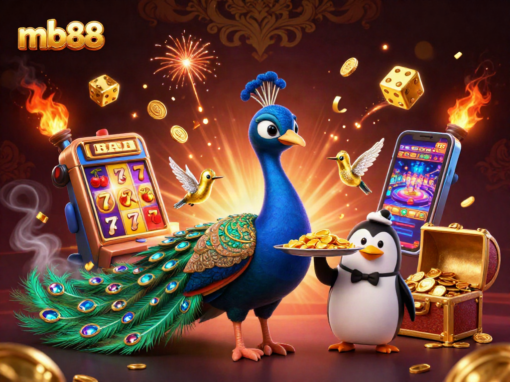Spin the reels with mb88, featuring an aristocratic peacock, a butler penguin, and a dazzling hummingbird amidst a jackpot explosion.