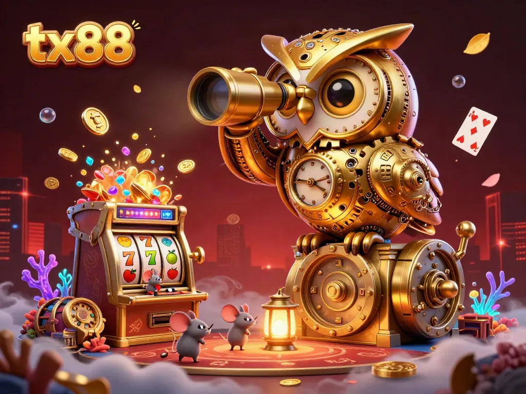 Experience the thrill of tx88 with a golden owl and exciting casino elements in this vibrant 3D illustration.