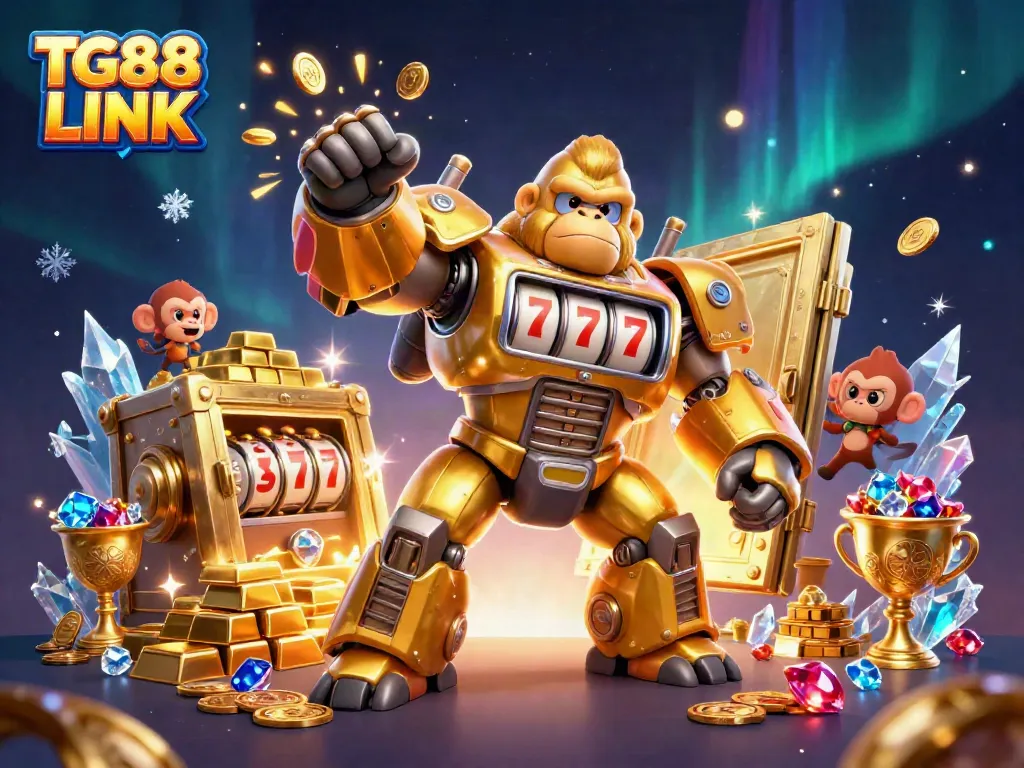 Engage with the excitement of TG88 LINK as a golden gorilla mech bursts into action amid dazzling treasures.