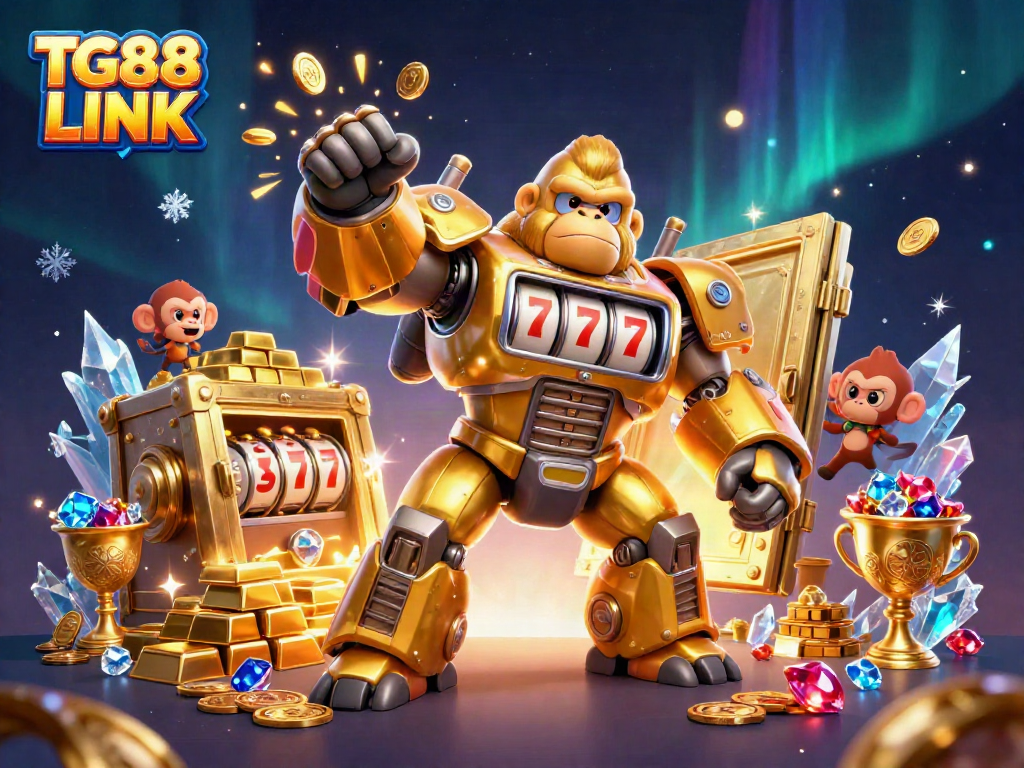 Engage with the excitement of TG88 LINK as a golden gorilla mech bursts into action amid dazzling treasures.