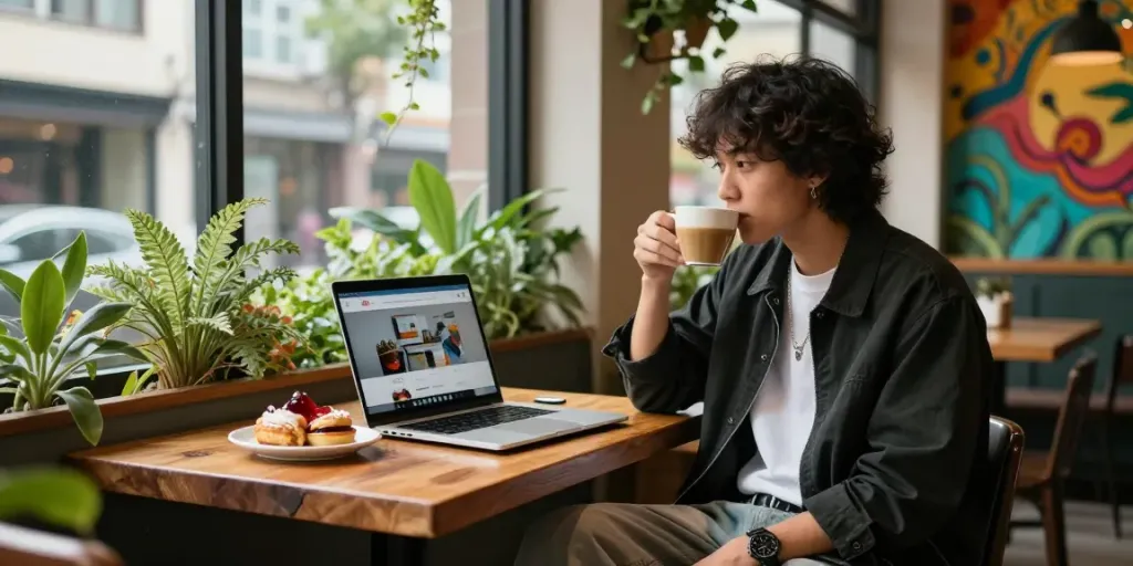 Sleek urban lifestyle scene with rokok 88 displayed on a laptop, cozy café setting, and stylish individual enjoying coffee.