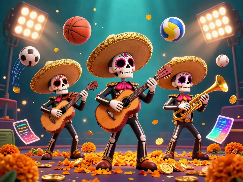 SIN88 brings to life a vibrant casino scene with a Day of the Dead mariachi band surrounded by dynamic sports elements.