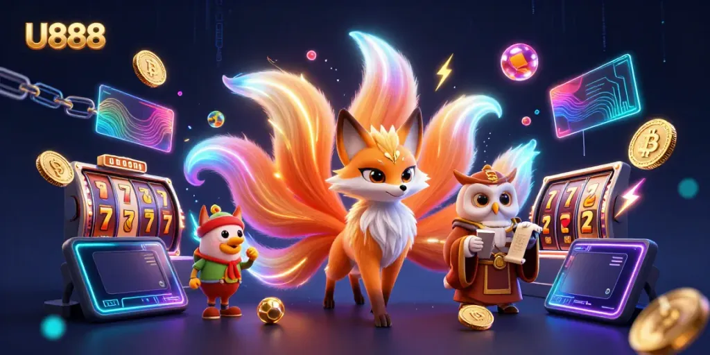 Engage with U888's thrilling slots and jackpots in a vibrant 3D cartoon illustration.