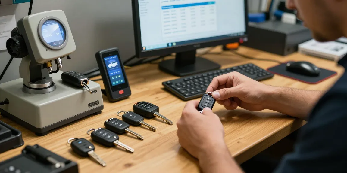 Experte für Schlüssel für Auto arbeitet in einer Werkstatt an verschiedenen Autoschlüsseln.