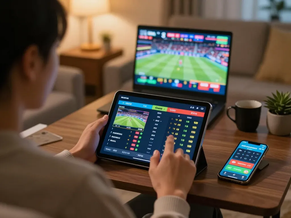 Engaging with fly88 sports betting app on tablet in cozy home setting