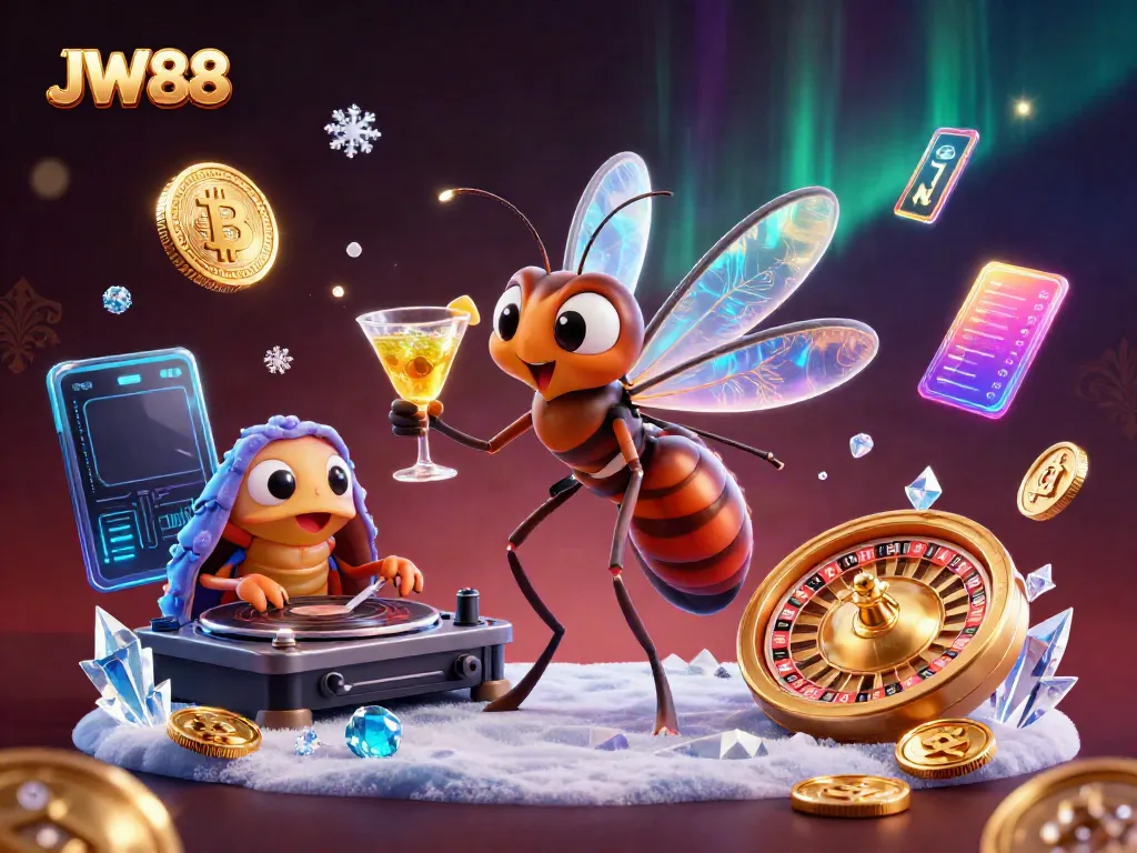 JW88 showcases a lively casino scene with a frozen-in-amber mosquito mascot and a trilobite DJ, surrounded by neon crypto coins.