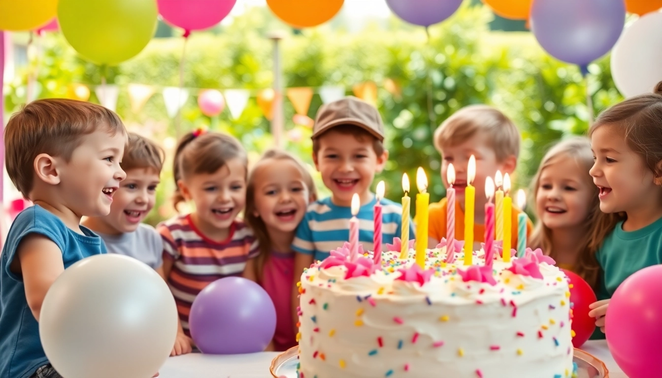 Kindergeburtstag 4 Jahre mit Kindern, die fröhlich Feiern und Spiele spielen