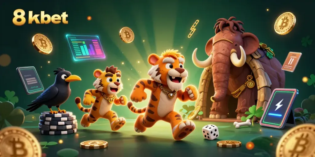 Engage with 8xbet in this colorful 3D casino scene filled with prehistoric characters and crypto elements.