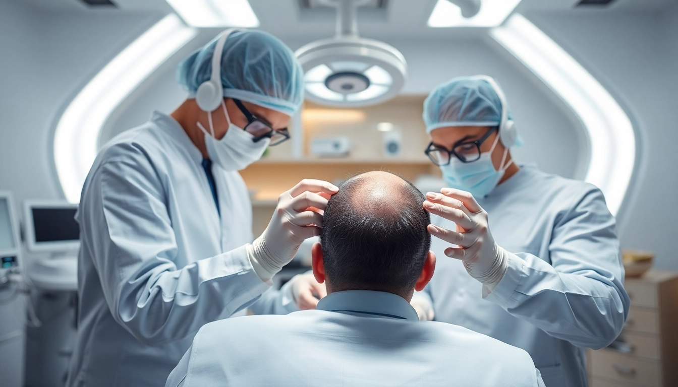 Performing a hair transplant uk procedure in a modern clinic setting.