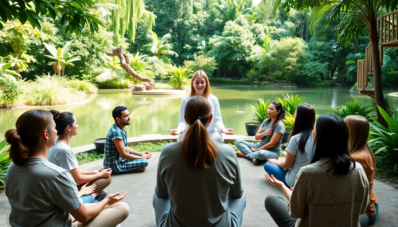 Enhancing emotional wellbeing through group meditation in a calming natural setting.
