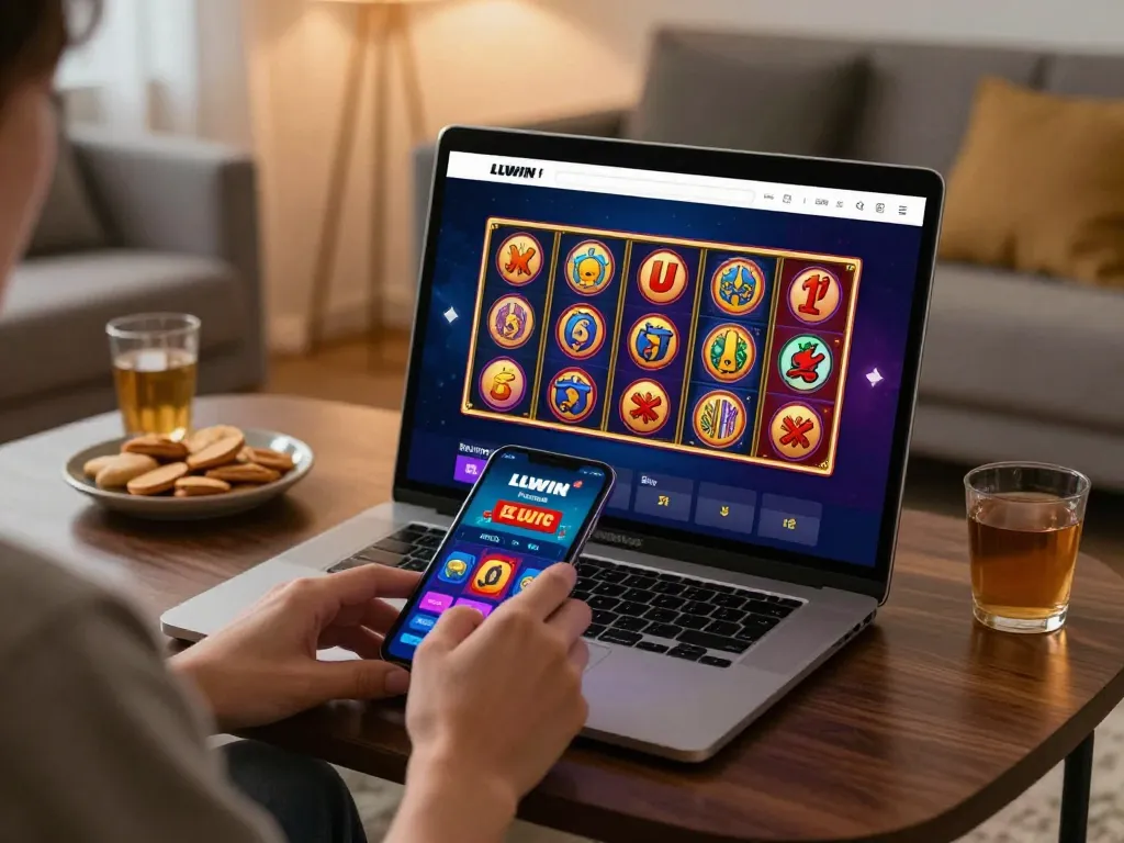 Person engaging with the LLWIN Function app while enjoying a cozy home atmosphere for responsible gambling