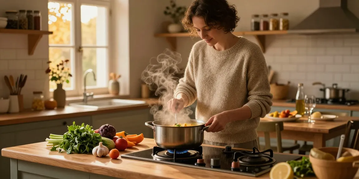 Delicious Klare Suppe Zutaten auf einer rustikalen Küchenarbeitsplatte, die Wärme und Komfort hervorhebt.