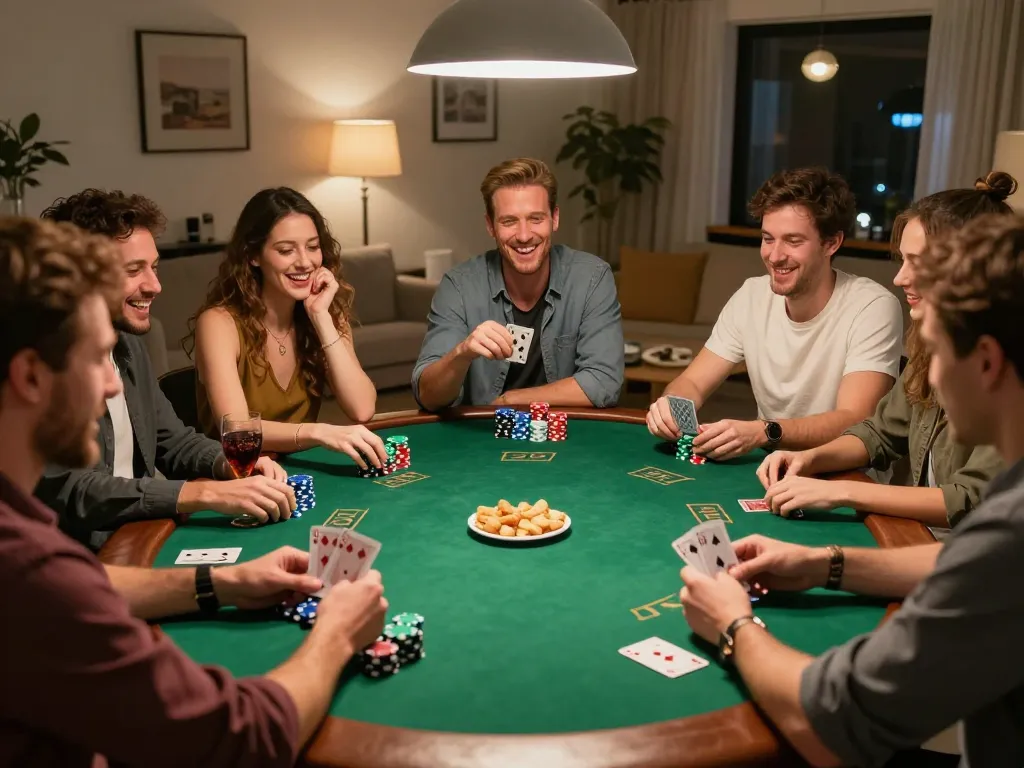 Players enjoying a win88 game during a lively home poker night, emphasizing the social and strategic nature of gambling.