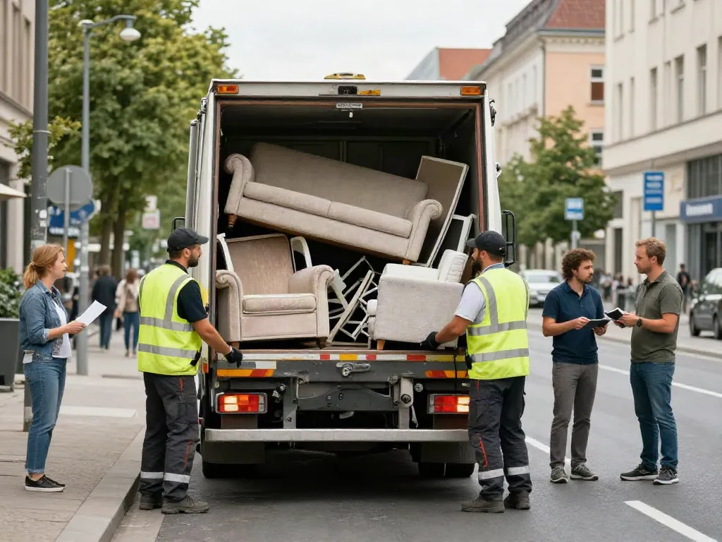Professionelle Wohnungsentrümpelung Berlin: Team bei der Abholung von Möbeln auf der Straße.