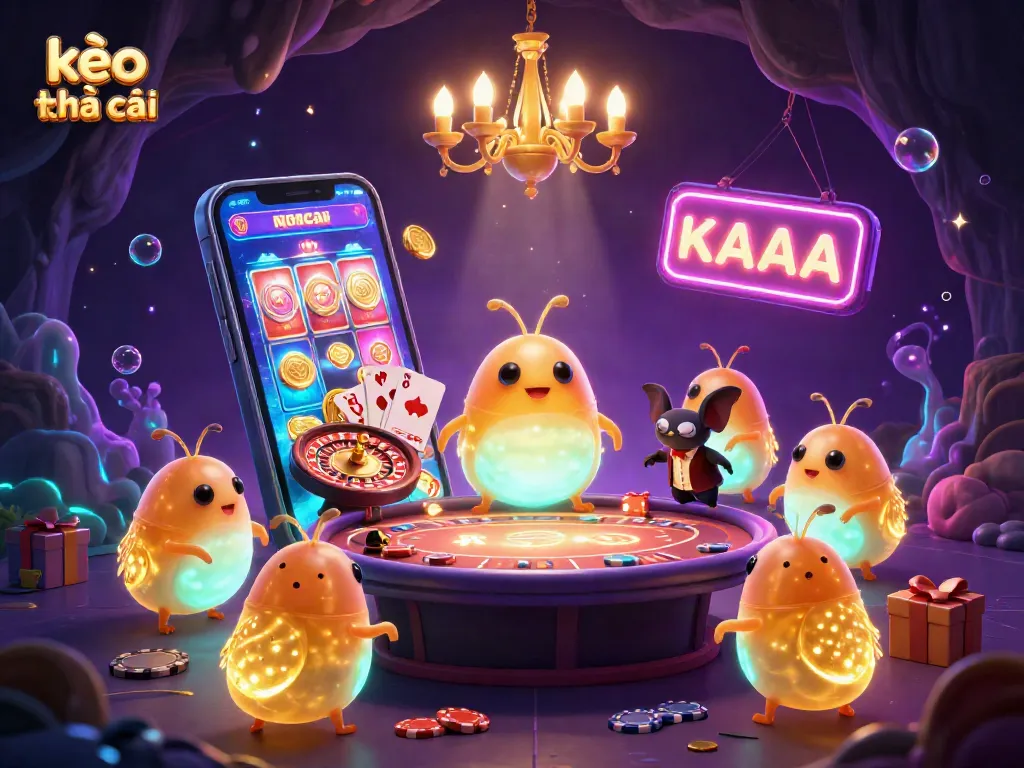 Experience vibrant kèo nhà cái action in a lively cave casino scene with glowing characters and engaging game elements.