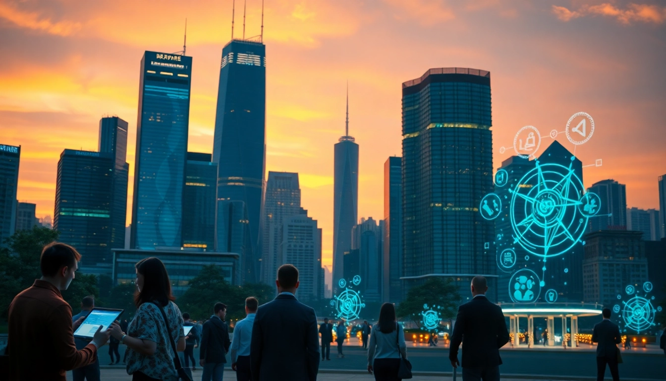 Digitale Zukunft mit Menschen, die interaktive digitale Interfaces in einer futuristischen Stadt nutzen.