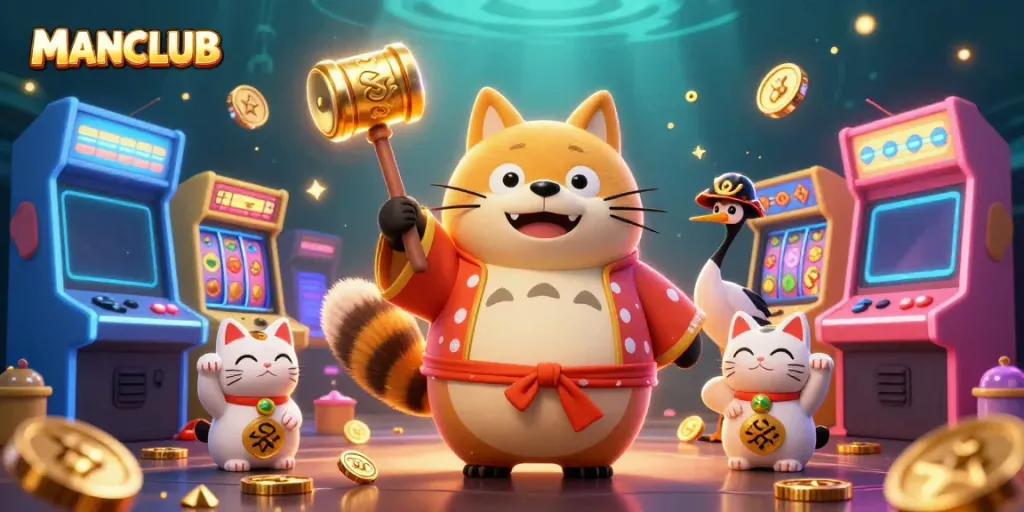 Engage and win with MANCLUB's vibrant gaming scene featuring cheerful characters and slot machines.