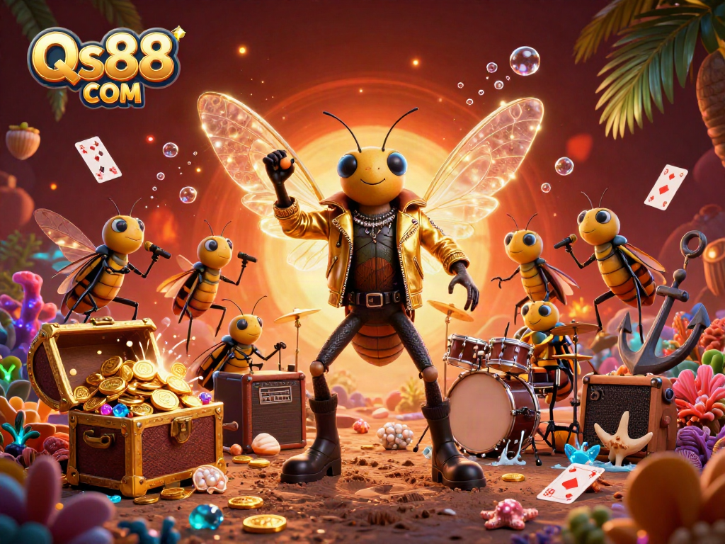 Experience the vibrant scene of a 3D cartoon cicada rock star and beetle drummer amid underwater treasures, highlighting Qs88 COM's gaming excitement.
