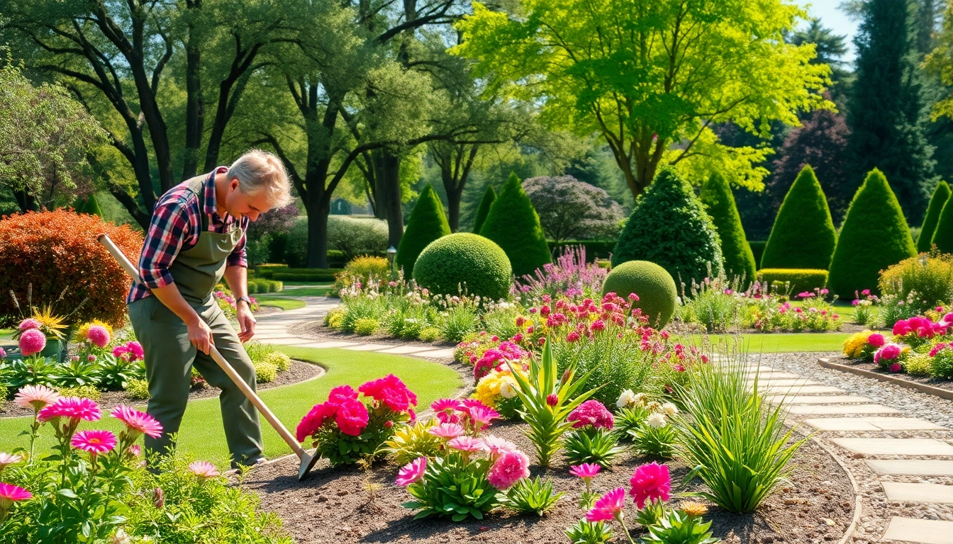 Gartenbauer pflegt einen farbenfrohen Garten mit Pflanzen und Blumen.