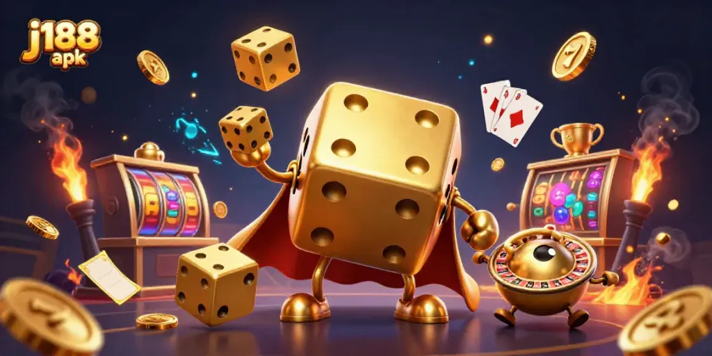 Experience the thrilling j188 apk with golden dice and casino symbols in a dynamic 3D illustration.