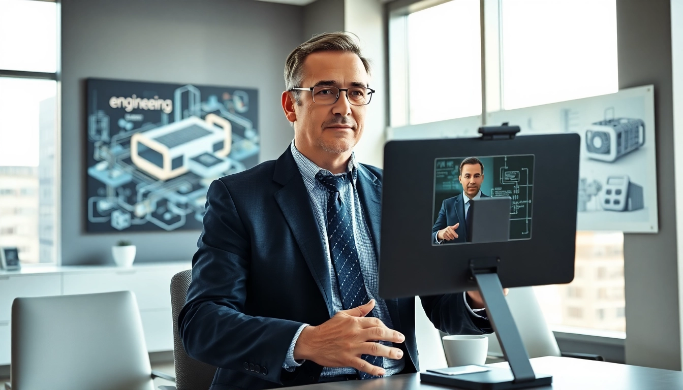 Headhunter Ingenieure in einem modernen Büro, während er einen Videoanruf führt und Professionalität ausstrahlt.