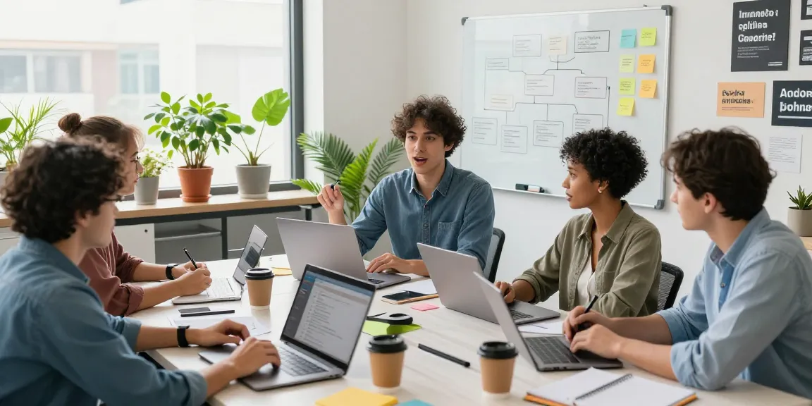 Build internal tools with AI in a collaborative office setting with a diverse team discussing software solutions.