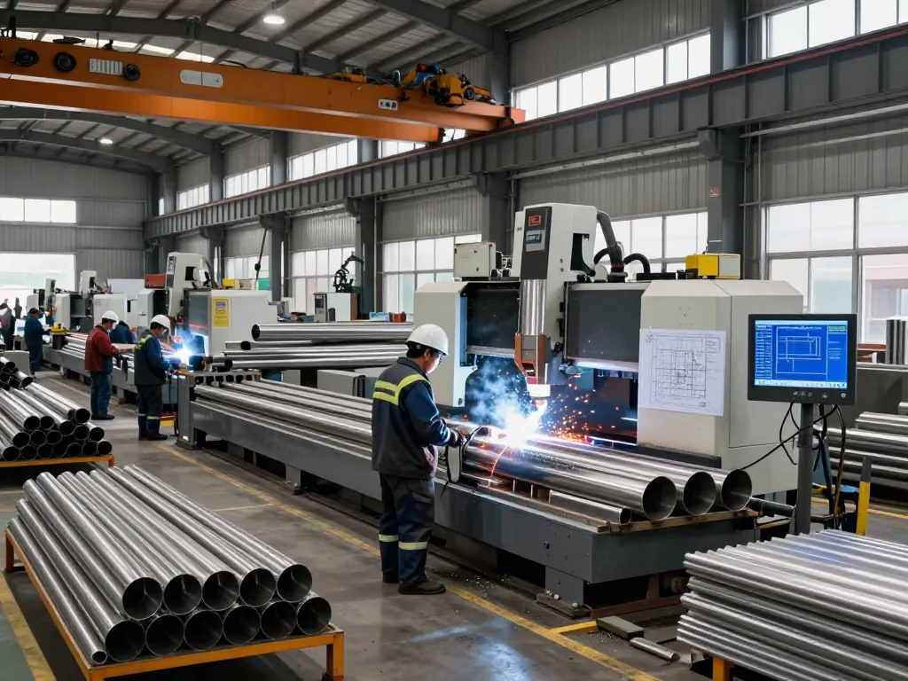 Workers in a sumwin stainless steel fabrication plant showcase manufacturing processes and machinery.