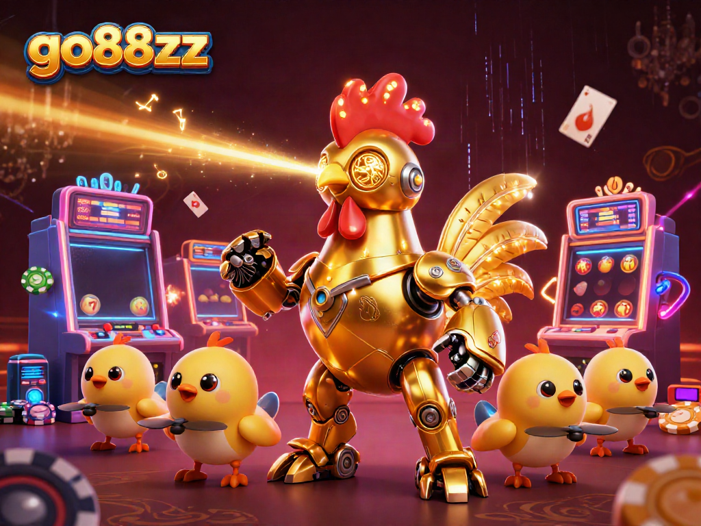 Experience go88xz's vibrant casino adventure with a golden rooster robot and slot machines.