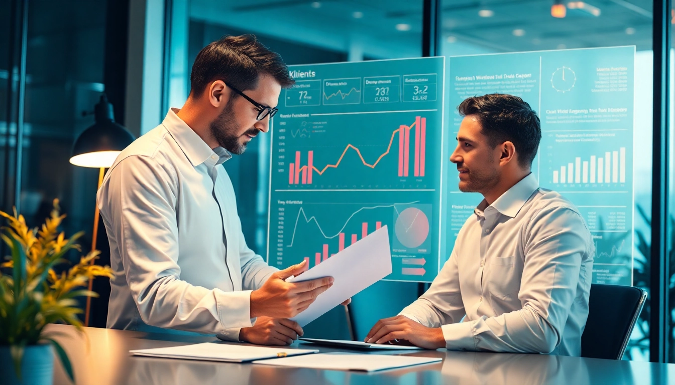 Unternehmensberatung: Unternehmensberater analysiert Diagramme mit Klient im modernen Büro.