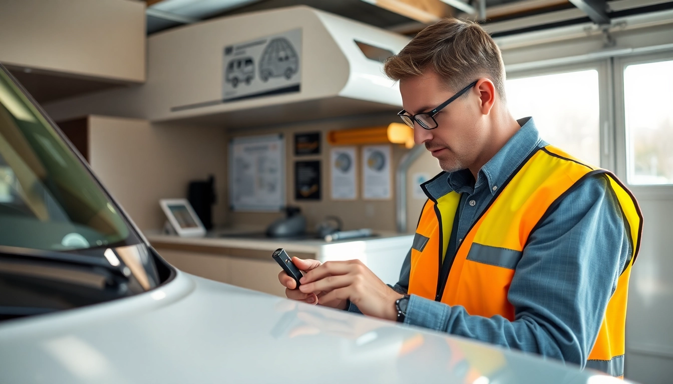 Wohnmobil Gutachten Augsburg in a professional garage environment with an expert inspecting a vehicle.