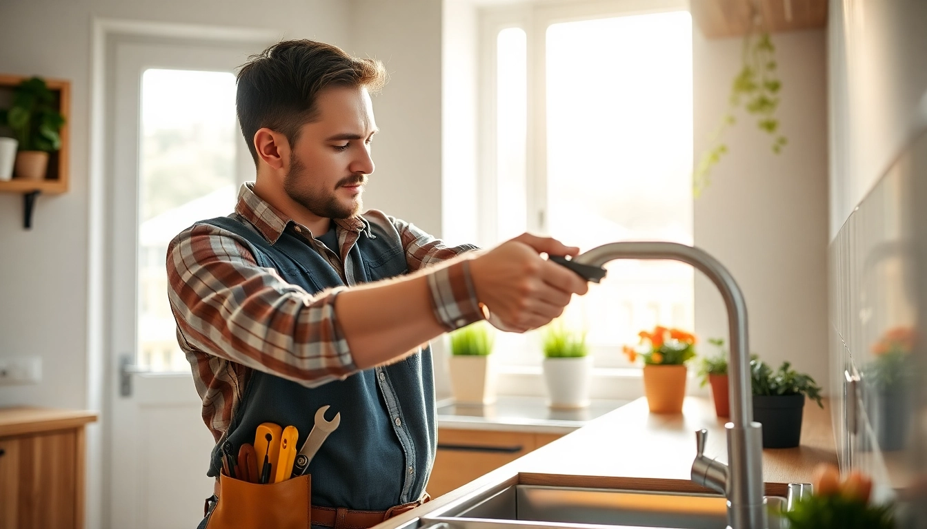 Handyman fixing a leaky faucet with tools in a well-lit kitchen