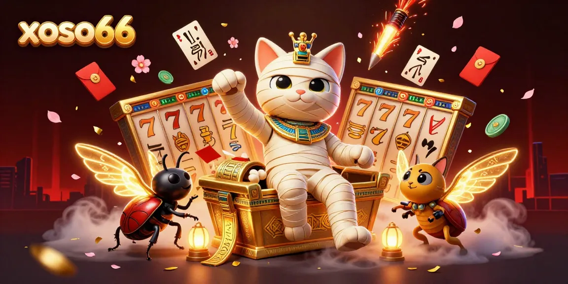 Experience the excitement of xoso66 with a vibrant illustration of a mummy cat and casino motifs.
