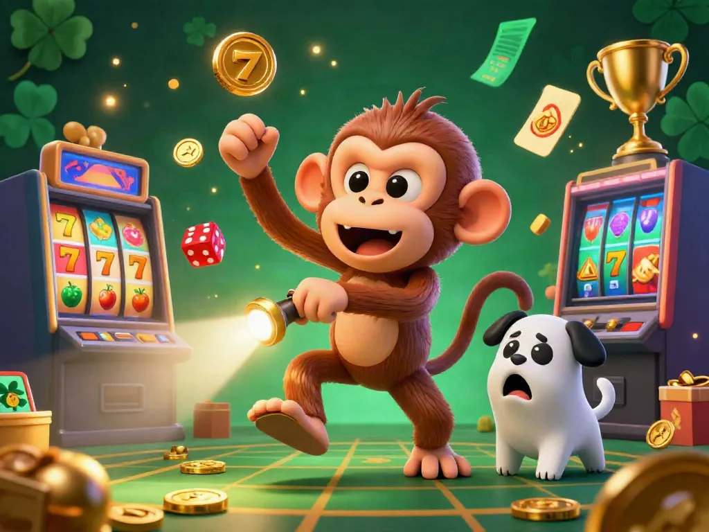 Experience max88's thrilling casino atmosphere through a whimsical scene featuring a playful poltergeist monkey and a curious puppy in pursuit.