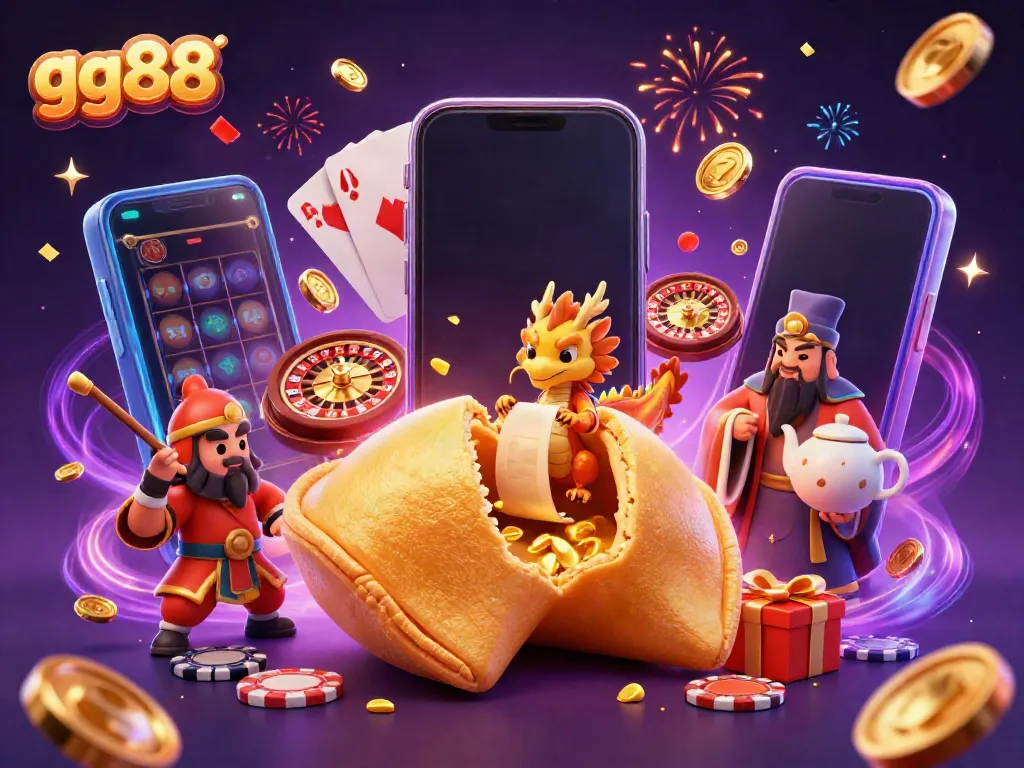 Spin and win with gg88 as a whimsical dragon and warriors guard a golden fortune cookie in a vibrant casino scene.