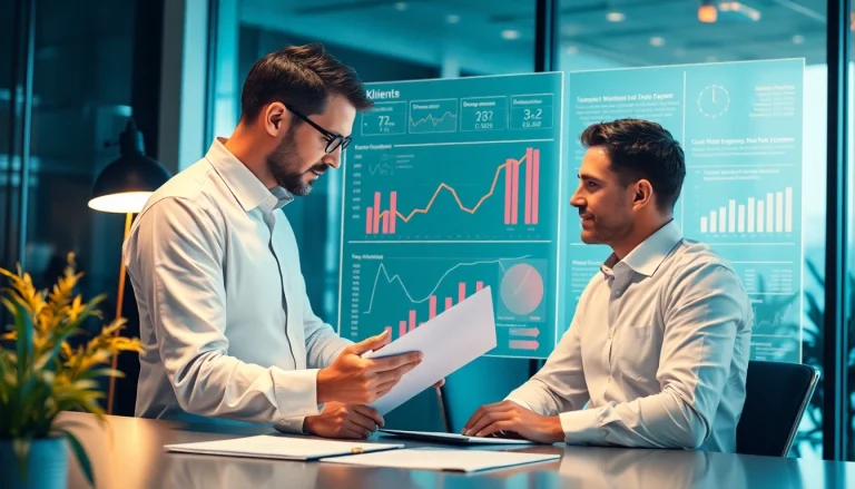 Unternehmensberatung: Unternehmensberater analysiert Diagramme mit Klient im modernen Büro.