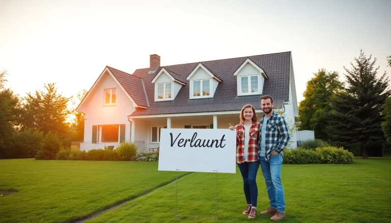 Junge Familie steht vor ihrer neuen Villa mit „Verkauft“-Tafel – Hauskauf in Deutschland.