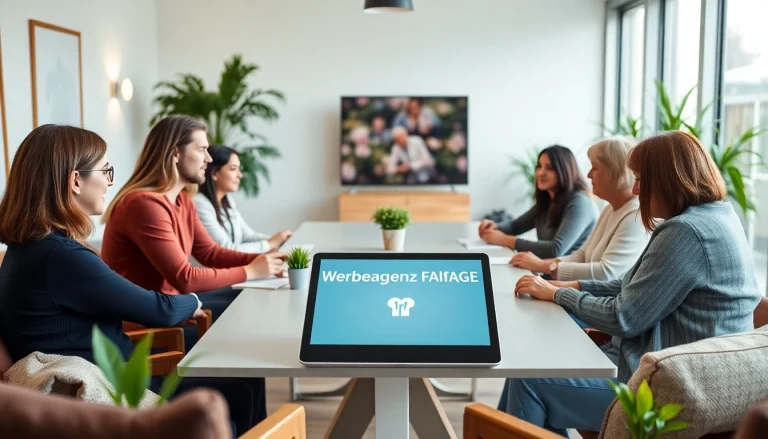 Creative team brainstorming at a werbeagentur pflege marketing agency desk.