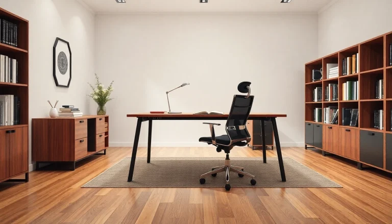 Elegantes Büromöbel-Design in einem modernen Büro mit ergonomischem Stuhl und stilvollem Schreibtisch.