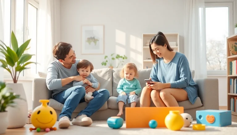 Darstellung einer liebevollen Familie bei der Kindererziehung in einem hellen, einladenden Raum.