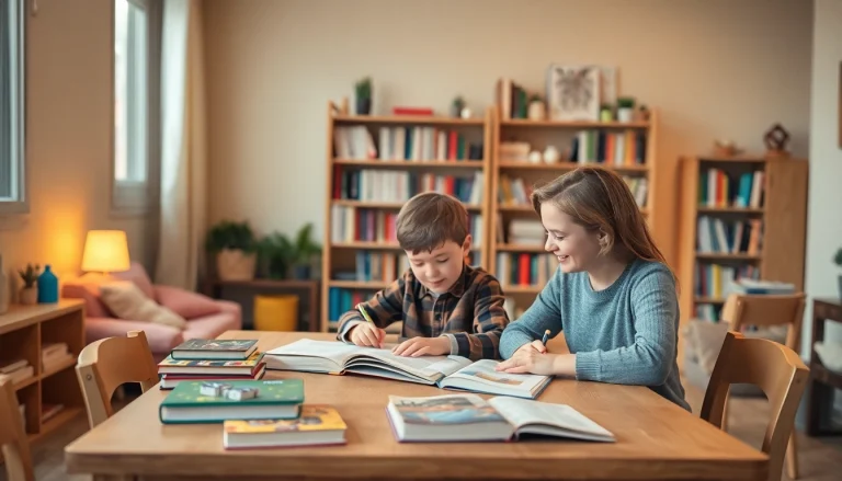 Kind lernt mit Elternteil im Heimunterricht in gemütlichem Wohnzimmer mit Schulmaterialien.