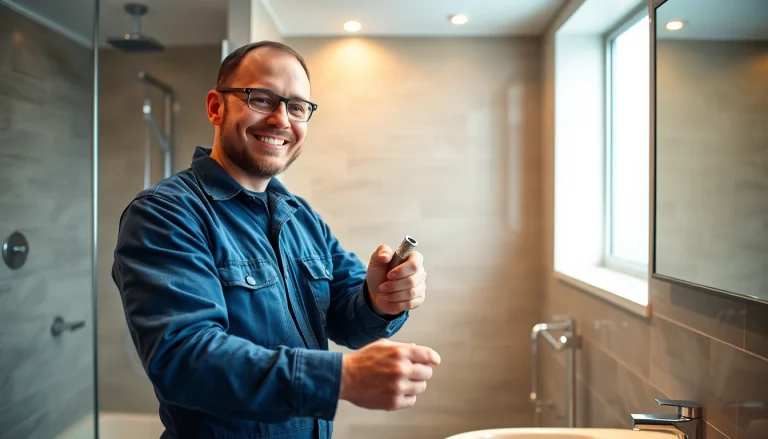 Installateur Notdienst, der in einem Badezimmer ein Wasserleck repariert, mit einem freundlichen Lächeln und professioneller Ausrüstung.